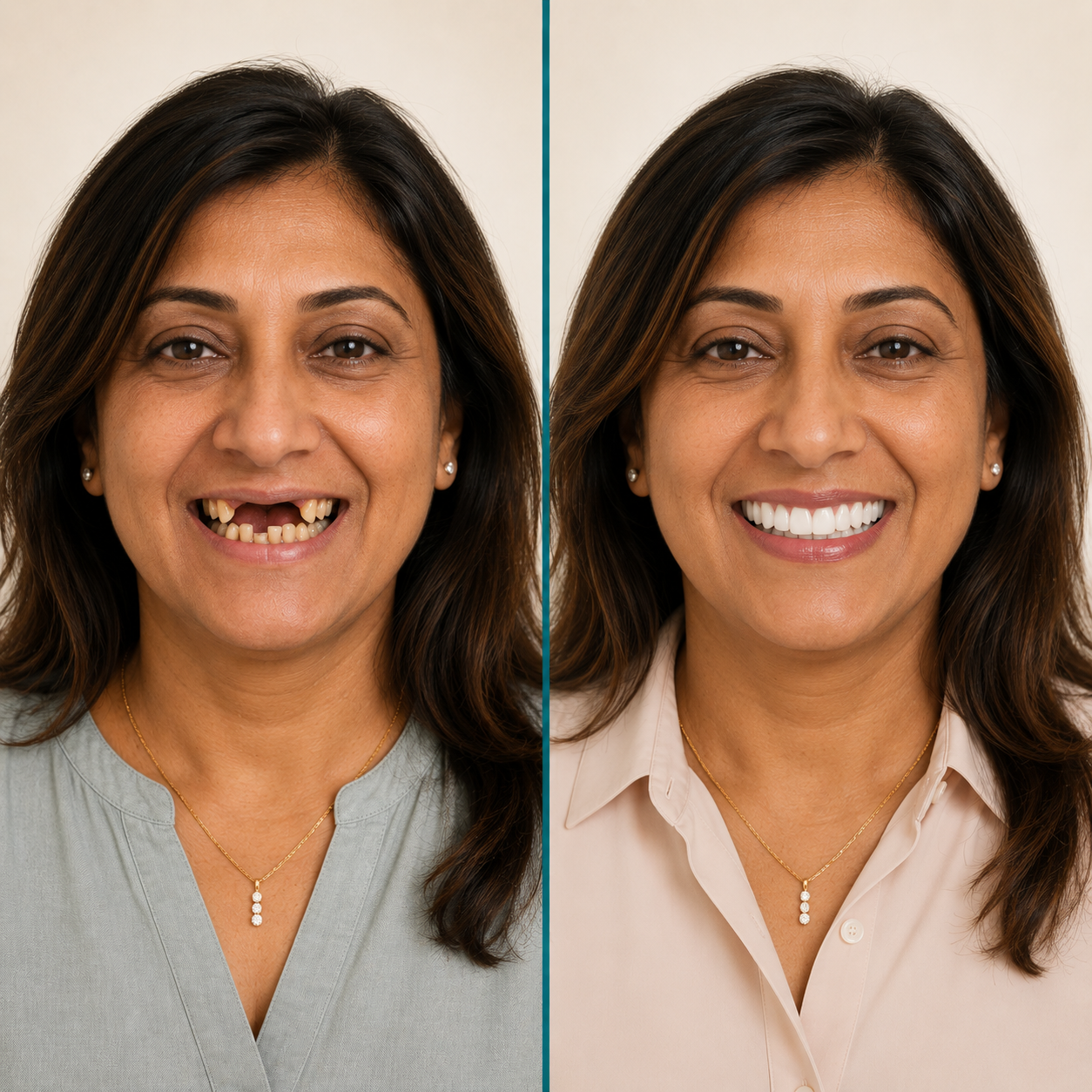 Before and after dental implant smile restoration for a female patient