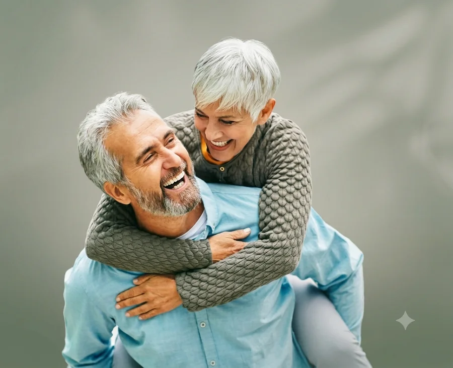 Happy senior couple smiling with confidence after dental implants
