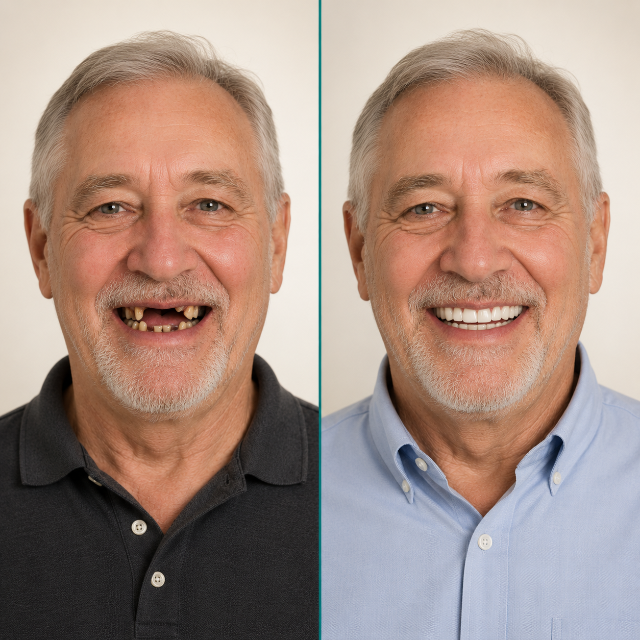 Before and after dental implant smile transformation for an older male patient