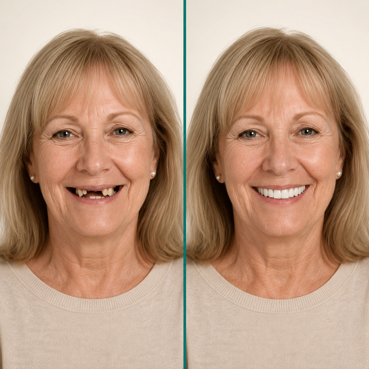 Before and after dental treatment transformation for an older female patient